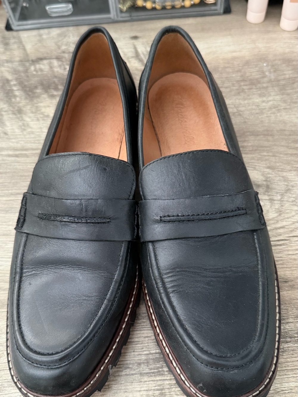 Madewell Black Leather Penny Loafers with Brown Welt